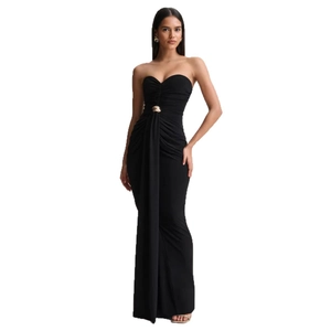 Elegant strapless black maxi dress with gold ring detail and ruched waist for formal events
