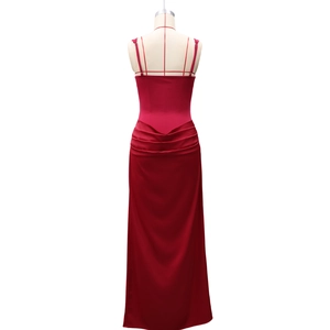 Detail of burgundy satin dress showing the back ruching and slim fit back design