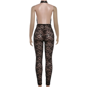Detailed back view of a black floral lace halter jumpsuit with an open back and button neck