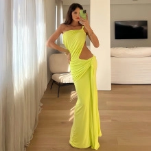 Neon yellow one-shoulder maxi dress featuring a sexy side waist cutout and slim fit