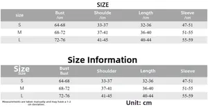 Size chart for women's slim fit turtleneck long sleeve crop top in S, M, L sizes
