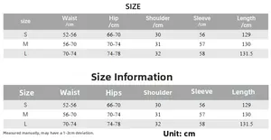 Size chart for slim long sleeve backless bodysuit detailing waist and hip measurements
