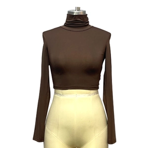 Slim fit dark brown long sleeve high neck crop top t-shirt for women in casual style