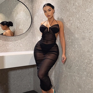 Women Sexy Halter Neck Backless Sheer Mesh Ruched Midi Dress Black Bodycon Party Clubwear Dress