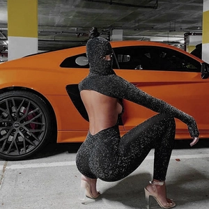 Sparkly black backless long sleeve jumpsuit with matching hood for women's fashion