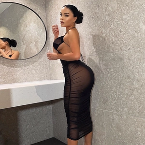Sexy black mesh halter neck backless dress with ruched details and bodycon fit