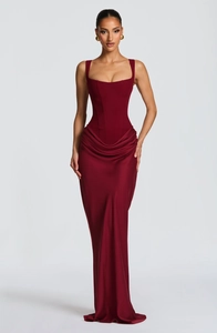 Elegant deep burgundy square neck bodycon maxi dress with ruched drapery detail