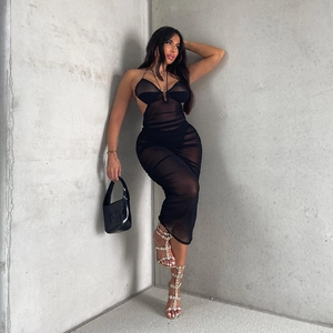 Sexy black mesh halter neck backless see-through maxi dress with ruched details