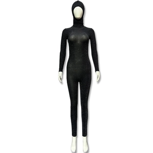 Sparkling black bodysuit with hood featuring a shimmery glitter finish and slim fit cut