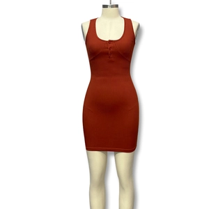 Slim fit orange-red sleeveless ribbed knit bodycon mini dress with button detail