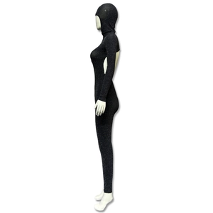 Detail of black glitter hooded bodysuit with backless design and slim fit long sleeves