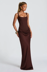 Sleeveless square neck slim fit ruched bodycon dress in elegant dark brown satin