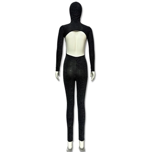 Detailed back view of a black glitter hooded bodysuit with deep backless cut and long sleeves
