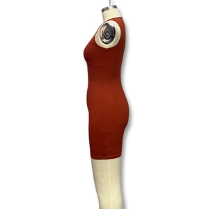 Detail showing the rust red ribbed knit texture and side fit of the slim sleeveless mini dress