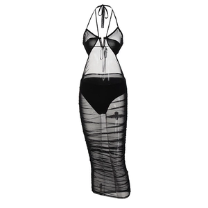 Sexy black mesh halter neck backless long dress with stylish horizontal ruched detailing