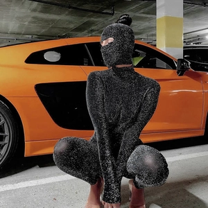 Women Sexy Backless Glitter Jumpsuit High Neck Long Sleeve Slim Fit Balaclava Hooded Bodycon Streetwear Fashion Bodysuit