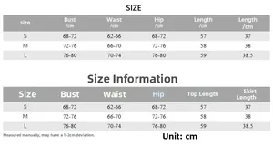 Detailed size chart for women's two-piece set including measurements for S, M, and L sizes