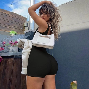 Slim fit black sleeveless bodysuit jumpsuit with U-neck for street sports and leisure