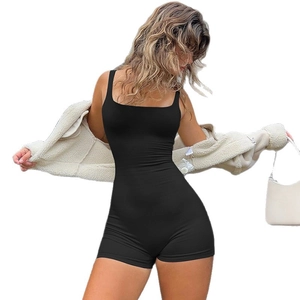 Women's backless sleeveless black romper bodysuit with square neck in high stretch fabric