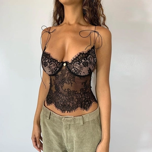 Sexy Caraco Corset en Dentelle Noire pour Femmes Été Col en V Transparent Coupe Slim Débardeur avec Bretelles à Nœud Bordure Cils