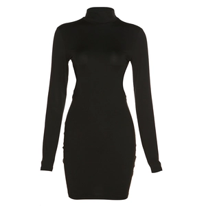 Elegant black long sleeve slim fit mini dress with high collar and open back design