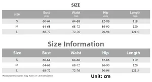 Detailed size chart for women's slim fit backless dress showing bust waist and hip measurements