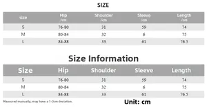 Detailed size chart for bodycon dress with hip, shoulder, sleeve and length measurements