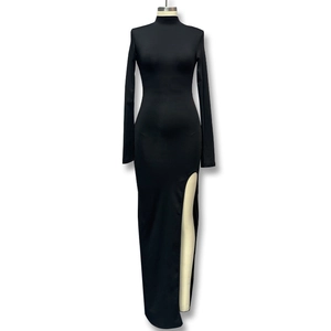Elegant black bodycon dress featuring high neck long sleeves and a stylish side slit