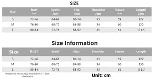 Detailed size chart for long sleeve midi dress with S M L measurements in centimeters