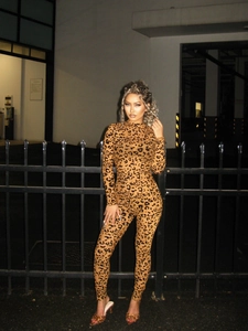 Detailed full-body view of slim-fit long-sleeve jumpsuit with classic leopard print pattern
