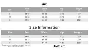 Guide des tailles détaillé pour robe longue en dentelle avec mesures S, M, L en centimètres