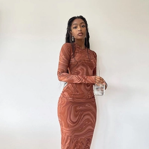 Brown marble print slim fit long sleeve maxi dress with round neck for women