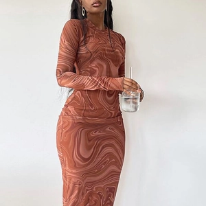 Western Style Women Marble Swirl Print Long Sleeve Midi Dress Slim Fit Polyester Spandex Crew Neck Bodycon Dress Autumn Fashion