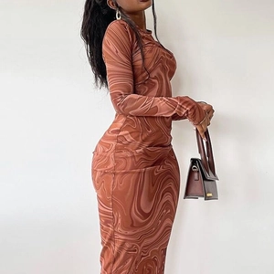 Slim fit long sleeve midi dress with brown marble print and turtleneck for women