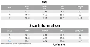 Guide des tailles pour robe longue sans manches avec mesures de poitrine, taille et hanche