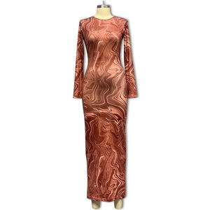 Slim fit long sleeve maxi dress with brown marble print and a classic round neck
