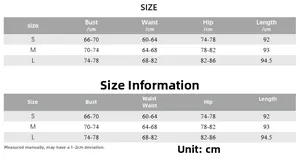 Gedetailleerde maattabel voor strapless maxi-jurk met borst-, taille- en heupafmetingen