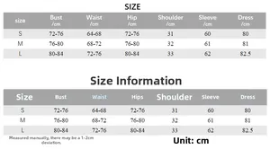 Guide des tailles pour robe imprimée à manches longues, mesures S, M, L en centimètres