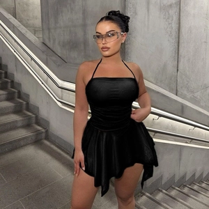 Women's black halter neck bodycon dress with pleated design and irregular mini hemline