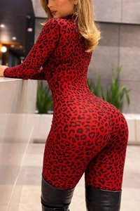 Close-up of red leopard print bodysuit featuring slim fit long sleeves and high neck design