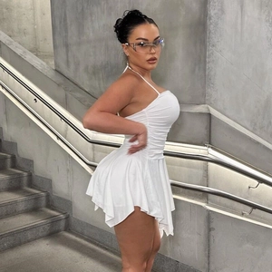 Elegant white halter dress with ruched design and asymmetrical hem for party wear