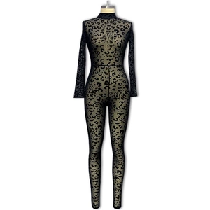 Slim fit leopard print long sleeve bodysuit with high neck and sheer mesh fabric