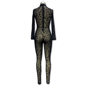 Back view of leopard print long sleeve bodysuit with visible black zipper closure