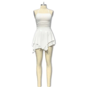 Elegant white halter neck mini dress with ruched bodice and asymmetrical layered hem design