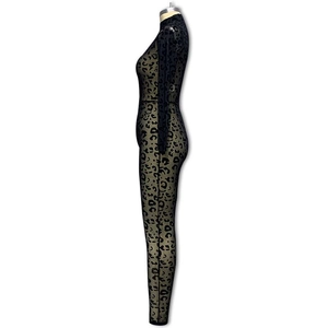 Detail view of leopard print catsuit with long sleeves and mesh fabric texture
