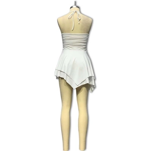 Detailed back view of white halter neck dress with pleated fabric and asymmetric hemline