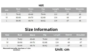 Detailed size guide table for slim fit long sleeve ruched dress in S, M, and L sizes