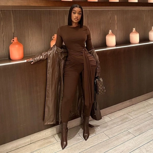 Long Sleeve Solid Jumpsuit For Women Round Neck Patchwork Bodysuit Metal Buckle High Waist Bodycon Long Pants One Piece