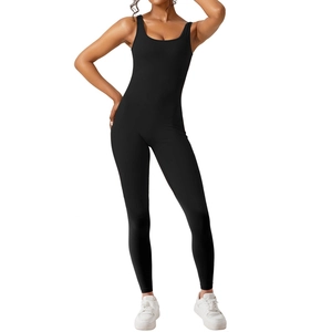 Women's sleeveless black athletic compression jumpsuit for yoga and fitness training