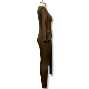 Detailed side view of brown long sleeve bodysuit featuring side ruched pleat design